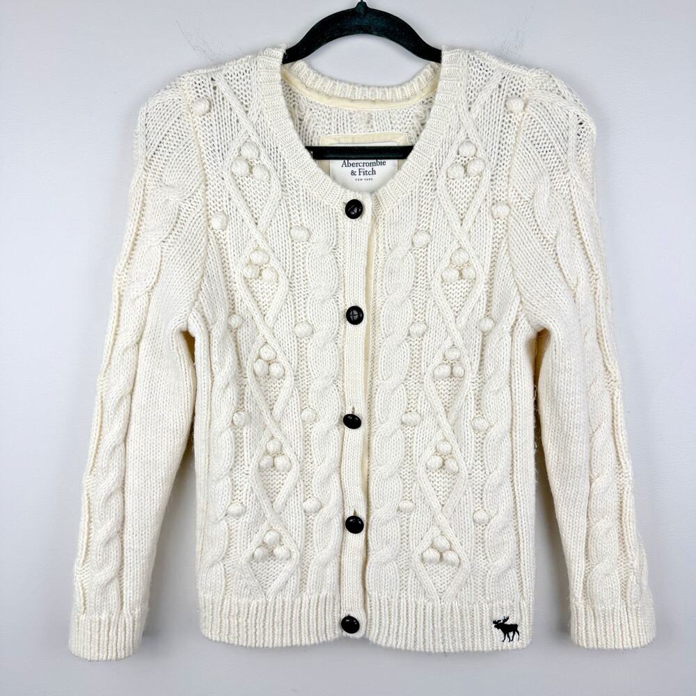 Vtg Abercrombie & Fitch Cardigan Sweater Women's L Cream Cable Knit Y2K Bobble